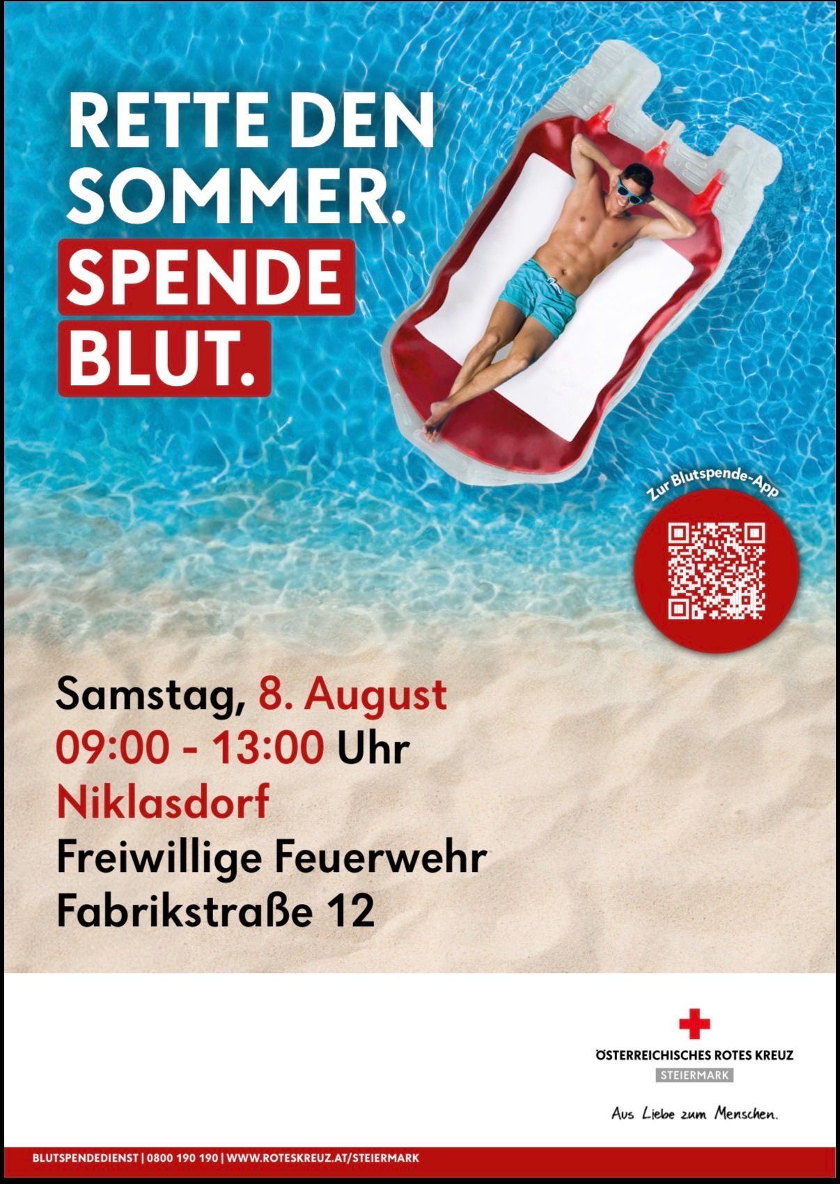 An advertisement for a blood donation event on August 8th from 9:00 AM to 1:00 PM at Niklasdorf Volunteer Fire Department, Fabrikstraße 12. A man lies on a red inflatable mattress in a pool.