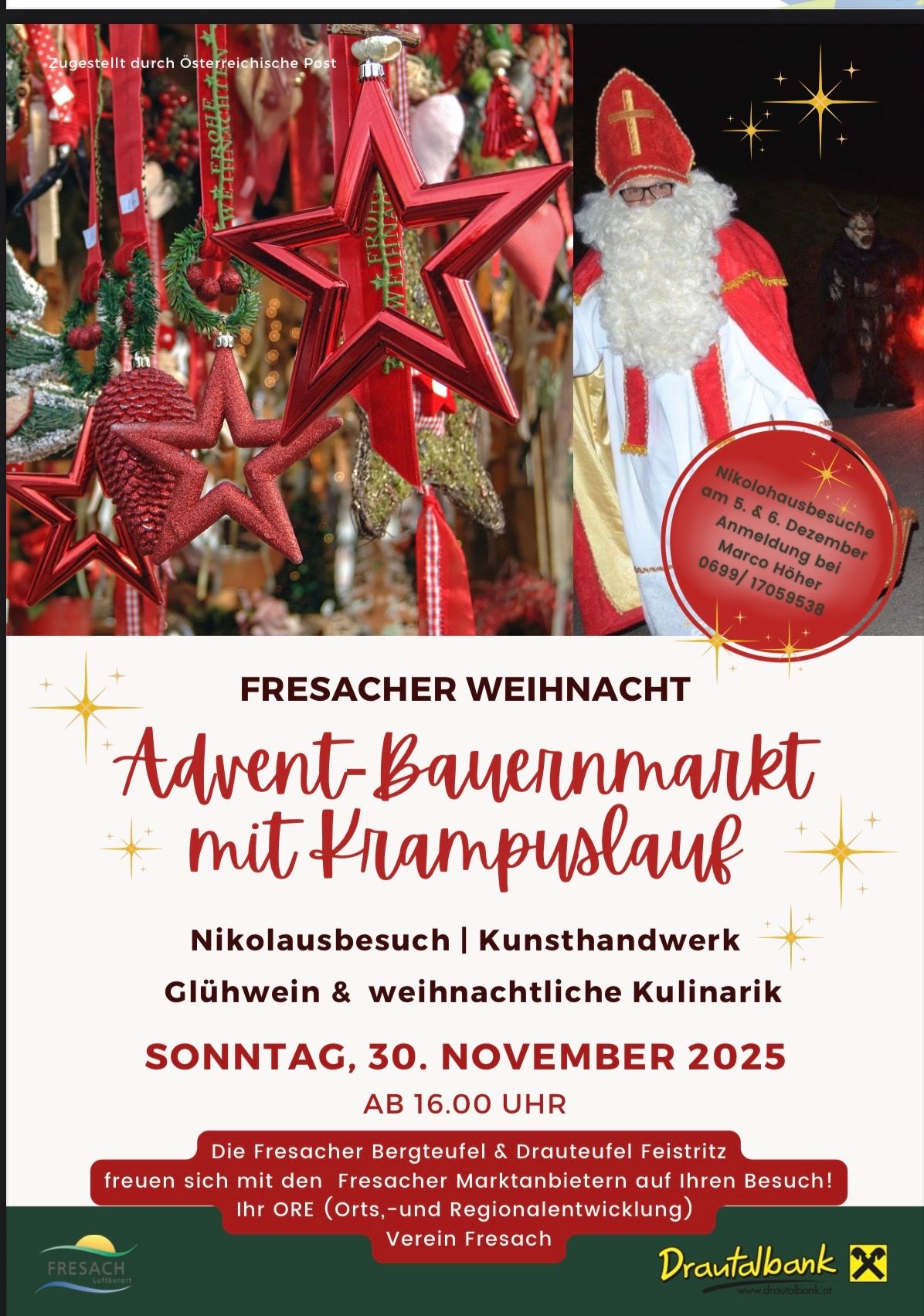 Ein Plakat für den Advent-Bauernmarkt mit Krampuslauf. Zeigt eine Figur des Weihnachtsmanns, rote Sterne und ein rotes Band. Die Veranstaltung umfasst Nikolausbesuch, Kunst, Glühwein und Weihnachtsküche. Datum: 30. November 2025, Beginn 16:00 Uhr.