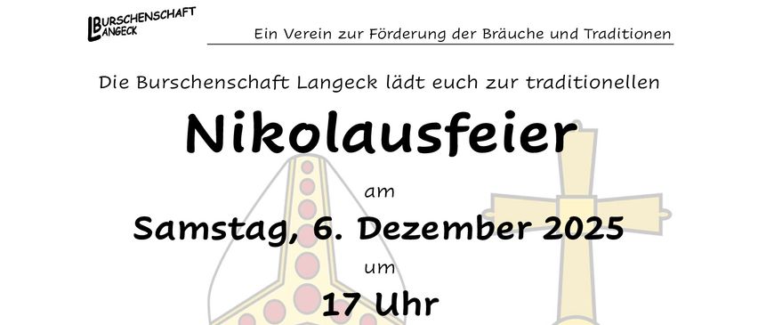 Plakat für Nikolausfeier-Veranstaltung, Samstag, 6. Dezember 2025, 17 Uhr am Kirchenplatz Langeck. Zeigt eine Bischofsmütze und ein Kreuz, hausgemachte Lebkuchen und eine Willkommensbotschaft der Burschenschaft Langeck.