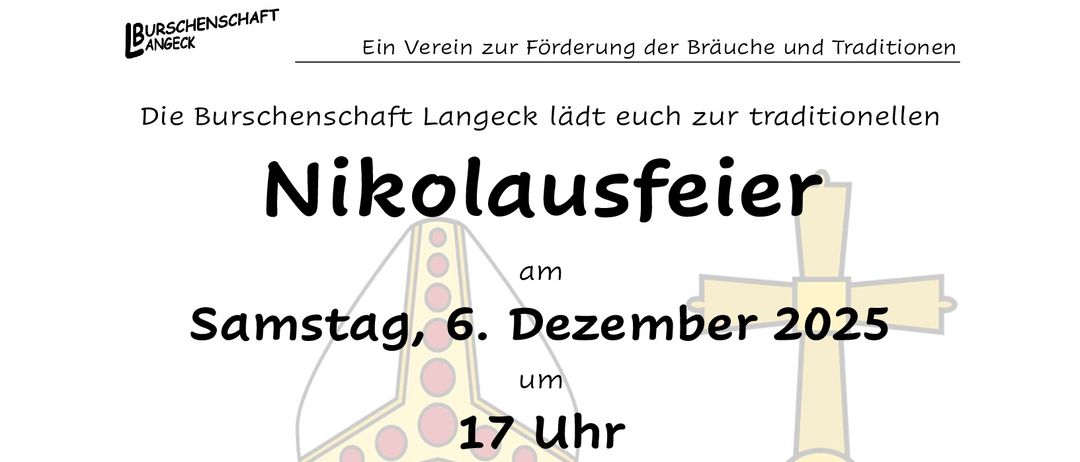 Plakat für Nikolausfeier-Veranstaltung, Samstag, 6. Dezember 2025, 17 Uhr am Kirchenplatz Langeck. Zeigt eine Bischofsmütze und ein Kreuz, hausgemachte Lebkuchen und eine Willkommensbotschaft der Burschenschaft Langeck.
