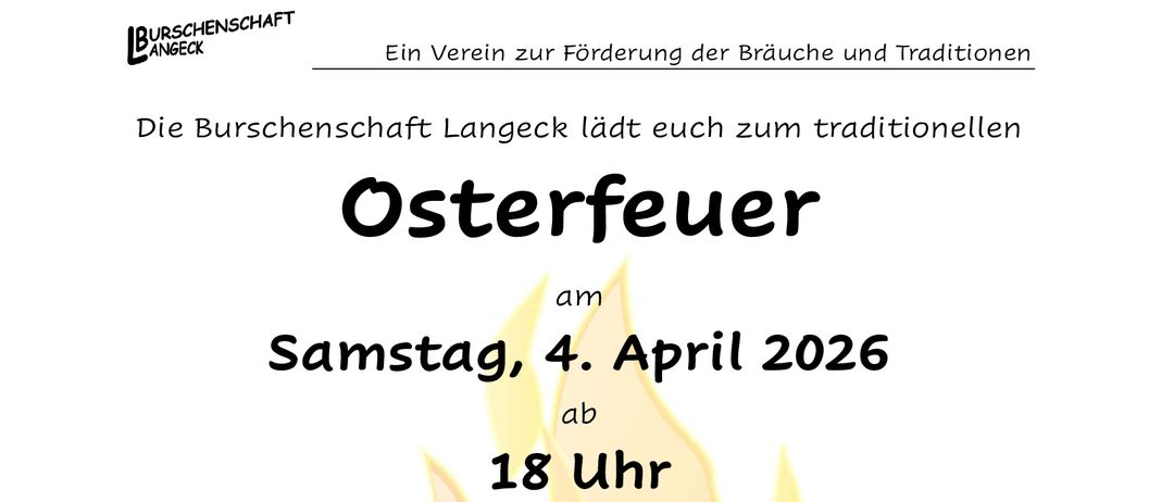 Plakat für Osterfeuer-Veranstaltung am 4. April 2026, Beginn um 18 Uhr in Hochfeld. Mit Feuergrafiken, Lagerfeuer und hausgemachtem Gulasch. Heißt Gäste mit gemütlicher Stimmung willkommen.