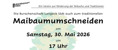 Ein Plakat für das 'Matthiasfest', geplant für Samstag, 30. Mai 2026, um 17 Uhr. Der Ort ist der Kirchplatz Langeck, verspricht ein herzliches Beisammensein. Features beinhalten Kaltgetränke, ein warmes Treffen und die 'LBURSCHENSCHAFT ANGECK'.