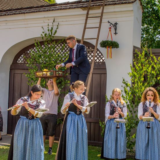 Bild enthält, Group Performance, Music Band, Person, Adult, Female, Woman, Male, Man, Horn, Tuba