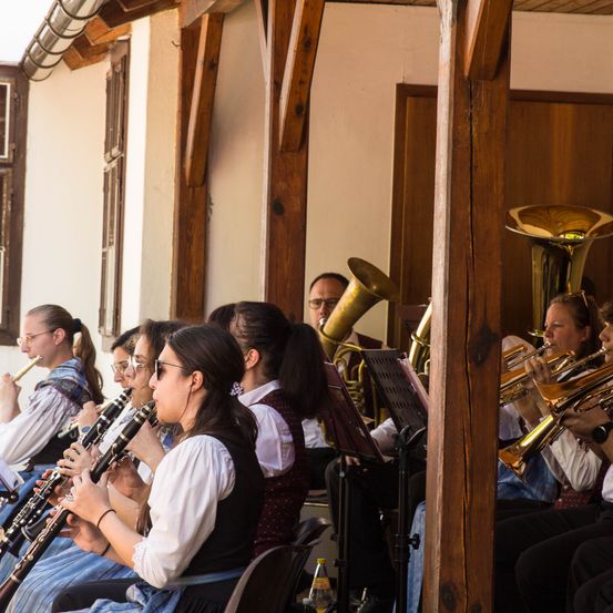 Bild enthält, Group Performance, Music Band, Musical Instrument, Person, Adult, Male, Man, Horn, Tuba, Oboe