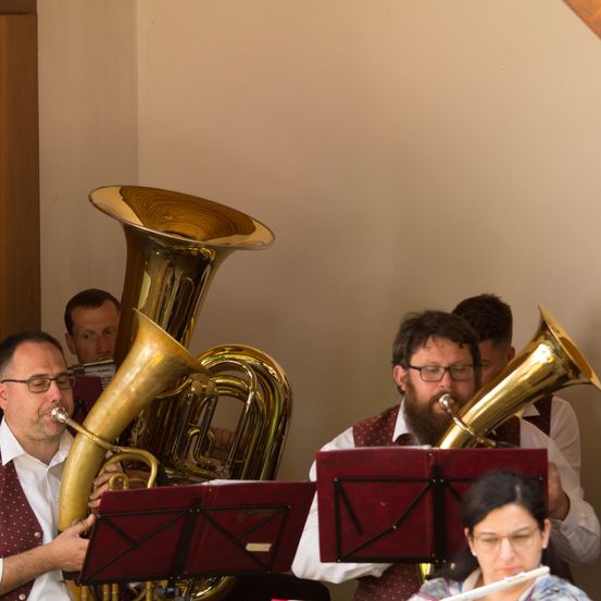 Bild enthält, Brass Section, Horn, Musical Instrument, Tuba, Adult, Male, Man, Person, Glasses, Face