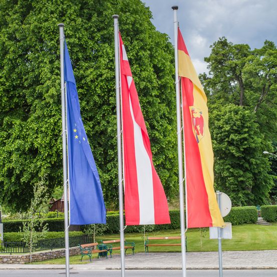Drei Fahnen sind auf Stangen in einem Park gehisst. Eine blaue Flagge mit gelben Sternen repräsentiert die Europäische Union. Eine rot-weiße Flagge ist die österreichische Nationalflagge. Eine gelb-rote Fahne mit einem Wappen repräsentiert Salzburg.
