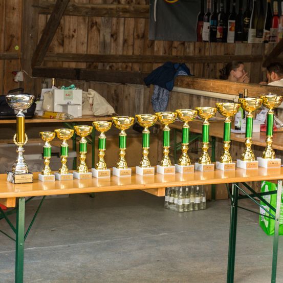 Ein Tisch zeigt mehrere goldene und grüne Pokale, ordentlich aufgereiht. Im Hintergrund sind Holzwände, Flaschen und Menschen zu sehen.