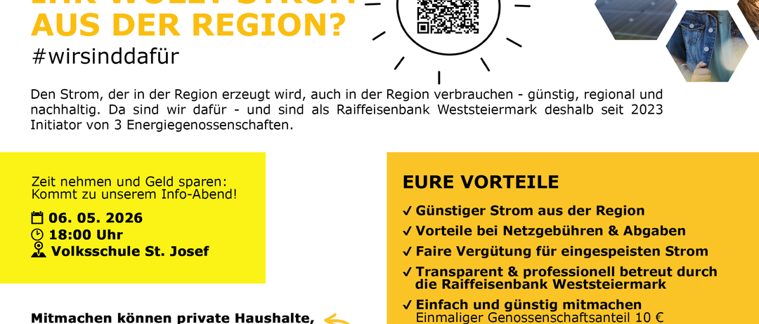 Das Bild befürwortet die Nutzung von lokal erzeugtem Strom. Die Raiffeisenbank Weststeiermark, gegründet 2023, unterstützt regionale Energiegenossenschaften. Günstiger Strom aus der Region, Vorteile bei Netzgebühren und Abgaben, faire Vergütung für gespeicherte Energie und transparente Zusammenarbeit mit der Raiffeisenbank Weststeiermark. Einfach und kostengünstig beitreten, keine laufenden Fixkosten.