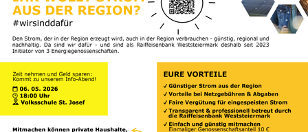 Das Bild befürwortet die Nutzung von lokal erzeugtem Strom. Die Raiffeisenbank Weststeiermark, gegründet 2023, unterstützt regionale Energiegenossenschaften. Günstiger Strom aus der Region, Vorteile bei Netzgebühren und Abgaben, faire Vergütung für gespeicherte Energie und transparente Zusammenarbeit mit der Raiffeisenbank Weststeiermark. Einfach und kostengünstig beitreten, keine laufenden Fixkosten.