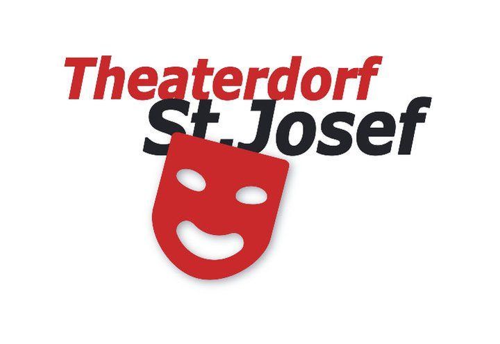 Das Logo für Theaterdorf St. Josef, mit einer roten Maske und einem Lächeln, vor weißem Hintergrund.