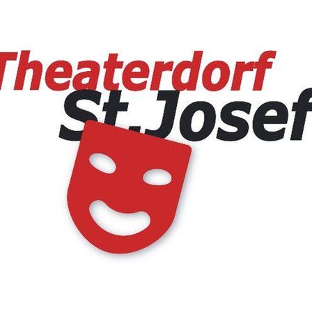 Das Logo für Theaterdorf St. Josef, mit einer roten Maske und einem Lächeln, vor weißem Hintergrund.