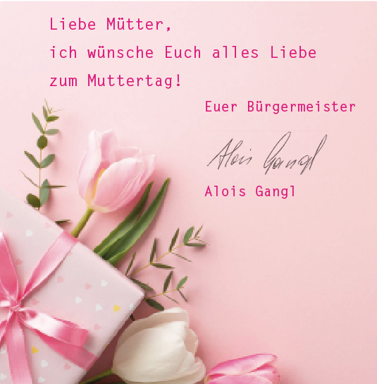 Ein rosa Hintergrund mit Blumen und einem Geschenkkarton. Eine Nachricht lautet: 'Liebe Mütter, ich wünsche Euch alles Liebe zum Muttertag! Euer Bürgermeister Alois Gangl.'