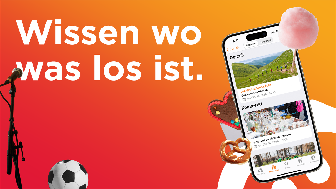 Oranger Hintergrund mit Text 'essen wo los ist.' Es gibt einen Fußball, Brezen und ein Handy mit offener App.