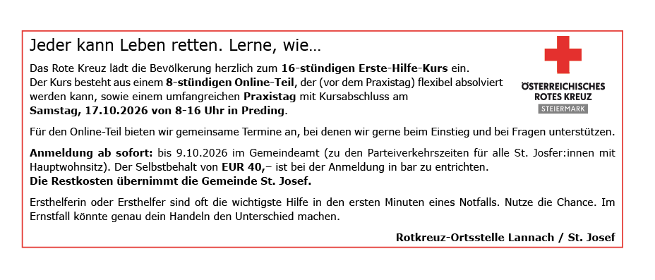 Ein Informationsposter über einen 16-stündigen Erste-Hilfe-Kurs, einschließlich eines 8-stündigen Online-Teils und eines praktischen Tages mit Kursabschluss am 17.10.2026 von 8-16 Uhr in Preding. Selbstanmeldung für 40 EUR ist erforderlich.