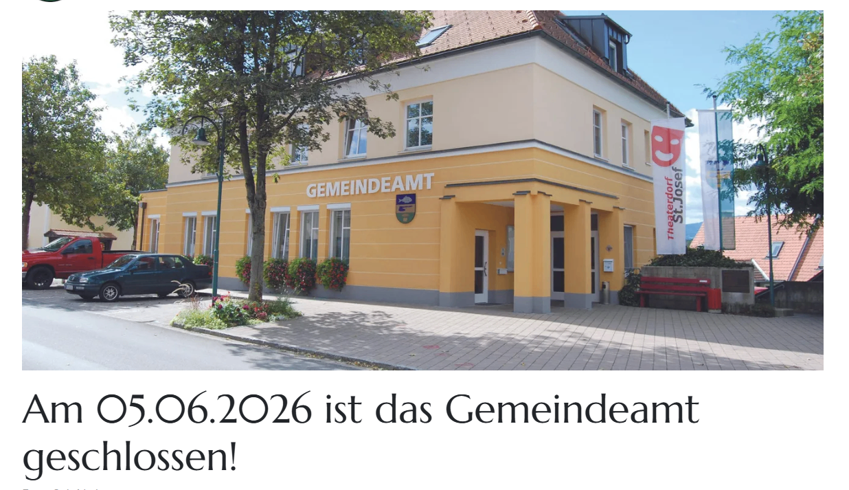 Am 06.2026 ist das Gemeindeamt. Ein gelbes Gebäude mit dem Namen 'GEMEINDEAM' ist zu sehen. Es gibt Fenster, Pflanzen und ein geparktes Auto davor.