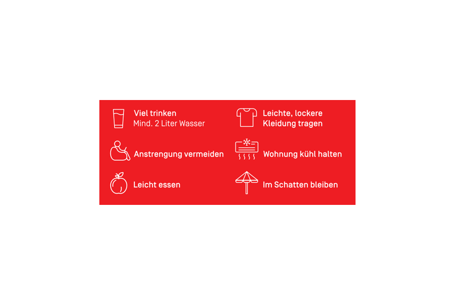 Infografik mit sechs Tipps zum Schutz vor Hitze: Viel trinken, leichte Kleidung tragen, Anstrengung vermeiden, Wohnung kühl halten, leicht essen, im Schatten bleiben.