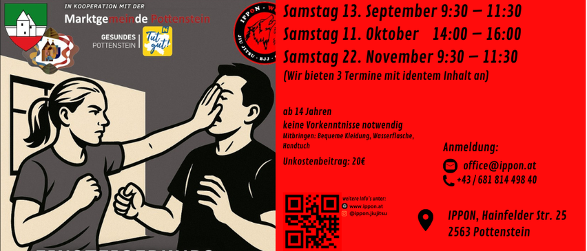 Ein Bild bewirbt Kampfsportkurse. Es zeigt einen QR-Code, Kontaktdaten und Kurstermine. Teilnehmer müssen über 14 Jahre alt sein.