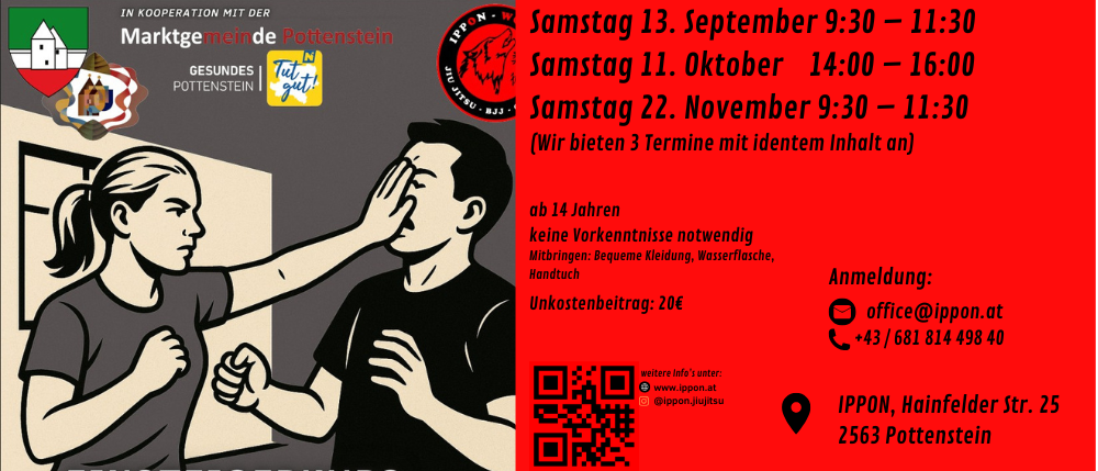 Veranstaltungsposter für Pottenstein mit Terminen für Kampfkunstkurse. Es enthält Details wie Daten, Zeiten und Kontaktinformationen. Ein Bild von zwei Menschen, die Kampfkunst praktizieren, ist abgebildet.