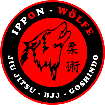 The logo features a howling wolf with Japanese characters. It represents 'Ippon-Wolfe Jiu-Jitsu - BJJ - GoshinDo'. The design is circular with red and black colors.