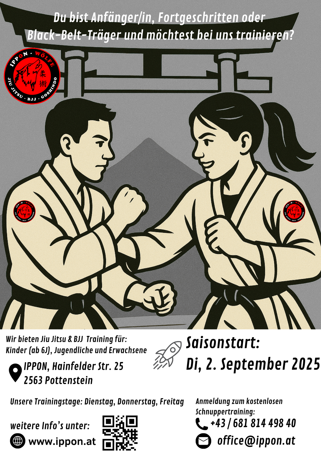 Die Illustration zeigt einen Mann und eine Frau in Kampfsportuniformen bei einem Händeschütteln. Das Bild bewirbt Jiu Jitsu und BJJ Training für Kinder, Jugendliche und Erwachsene. Der Saisonstart wird für den 2. September 2025 angekündigt.