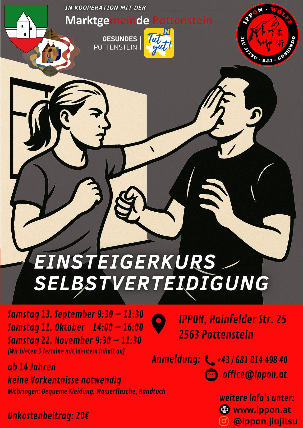 Plakat für Selbstverteidigungskurs an drei Samstagen, mit Zeiten und Adresse, Kontaktnummer und Anmeldeinformationen.