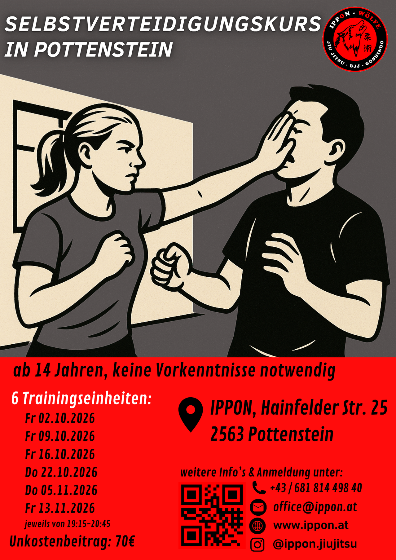 An advertisement poster for a martial arts training session, featuring a woman punching a man's face. The poster includes details about the training dates and location.