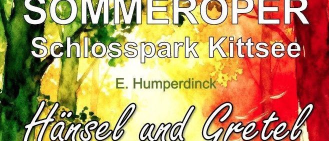 Plakat für eine Aufführung von Hänsel und Gretel von E. Humperdinck im Schlosspark Kitsee am 10., 11., 17., 18., 24. und 25. Juli um 19:30 Uhr. Tickets erhältlich unter www.kultur-kitsee.at.