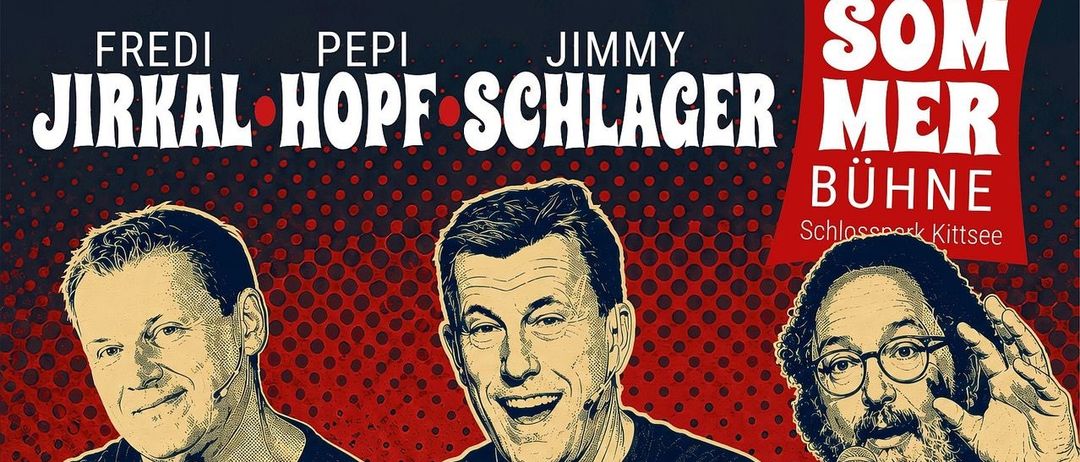 Plakat für Kabarett im Schlosspark Kittsee am 19. Juli mit drei Männern. Die zentrale Figur hält ein Mikrofon, während die anderen zeigen und gestikulieren. Die Veranstaltung verspricht einen Abend voller Witz und Charme.