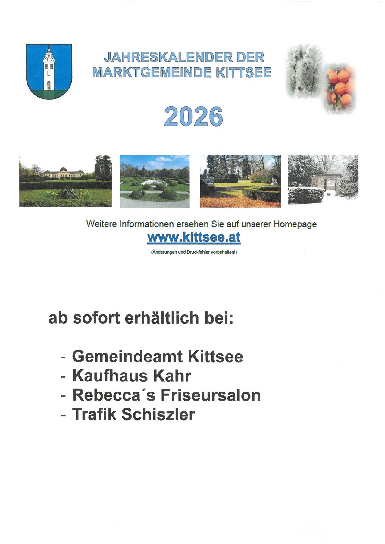 Werbeplakat für die Gemeinde Kittsee. Es zeigt ein Logo, mehrere Landschaftsfotos und eine Website-Adresse. Es wird darauf hingewiesen, dass weitere Informationen auf der Homepage zu finden sind. Verfügbare Dienstleistungen umfassen das Gemeindeamt Kittsee, Kaufhaus Kehr, Rebecca's Friseursalon und Trafik Schiszler.