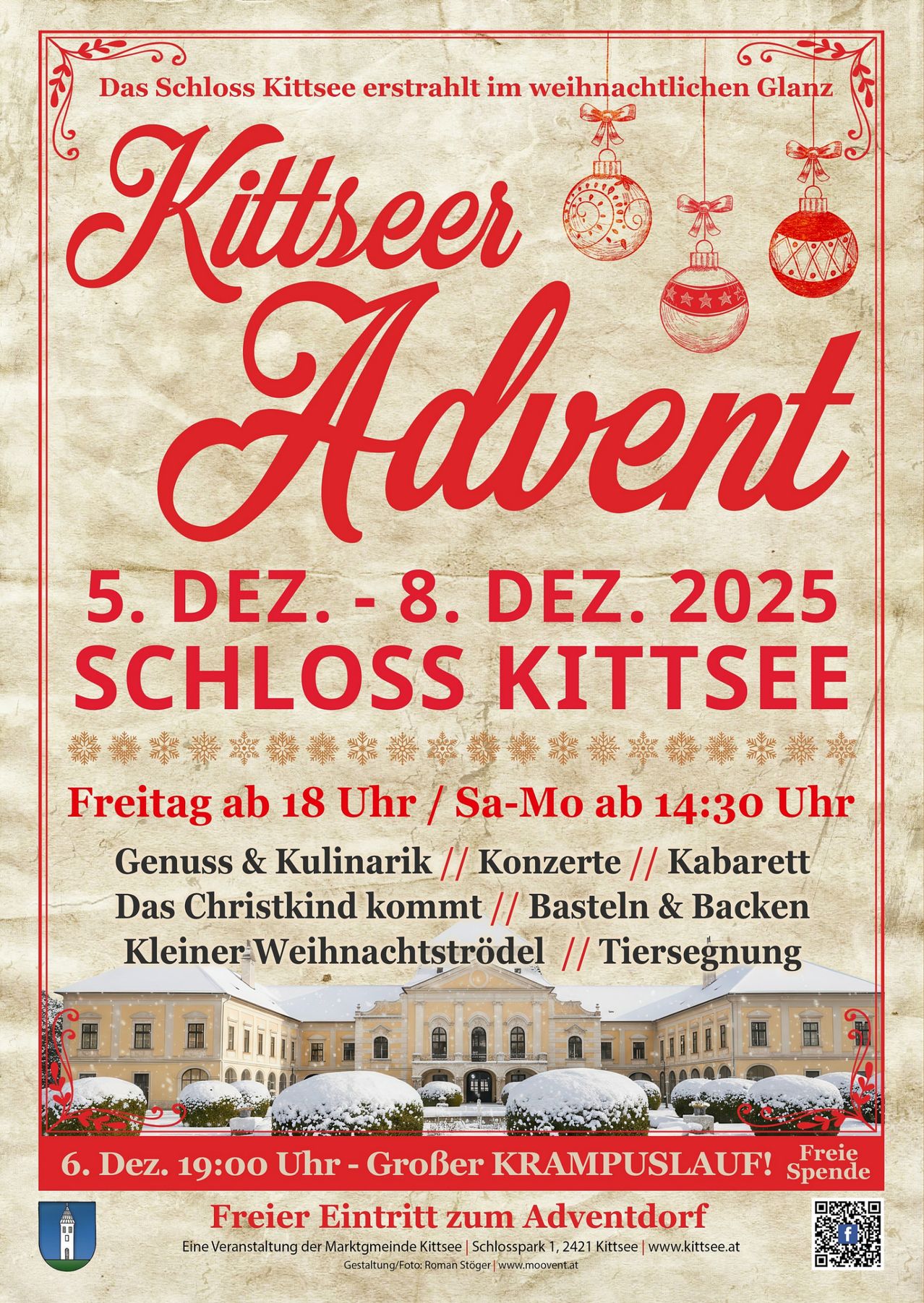 Ein Plakat für Kittseer Advent vom 5. bis 8. Dezember 2025 im Schloss Kittsee. Angeboten werden Essen, Musik, Kabarett, Ankunft des Christkinds, Basteln und Tiersegnung.