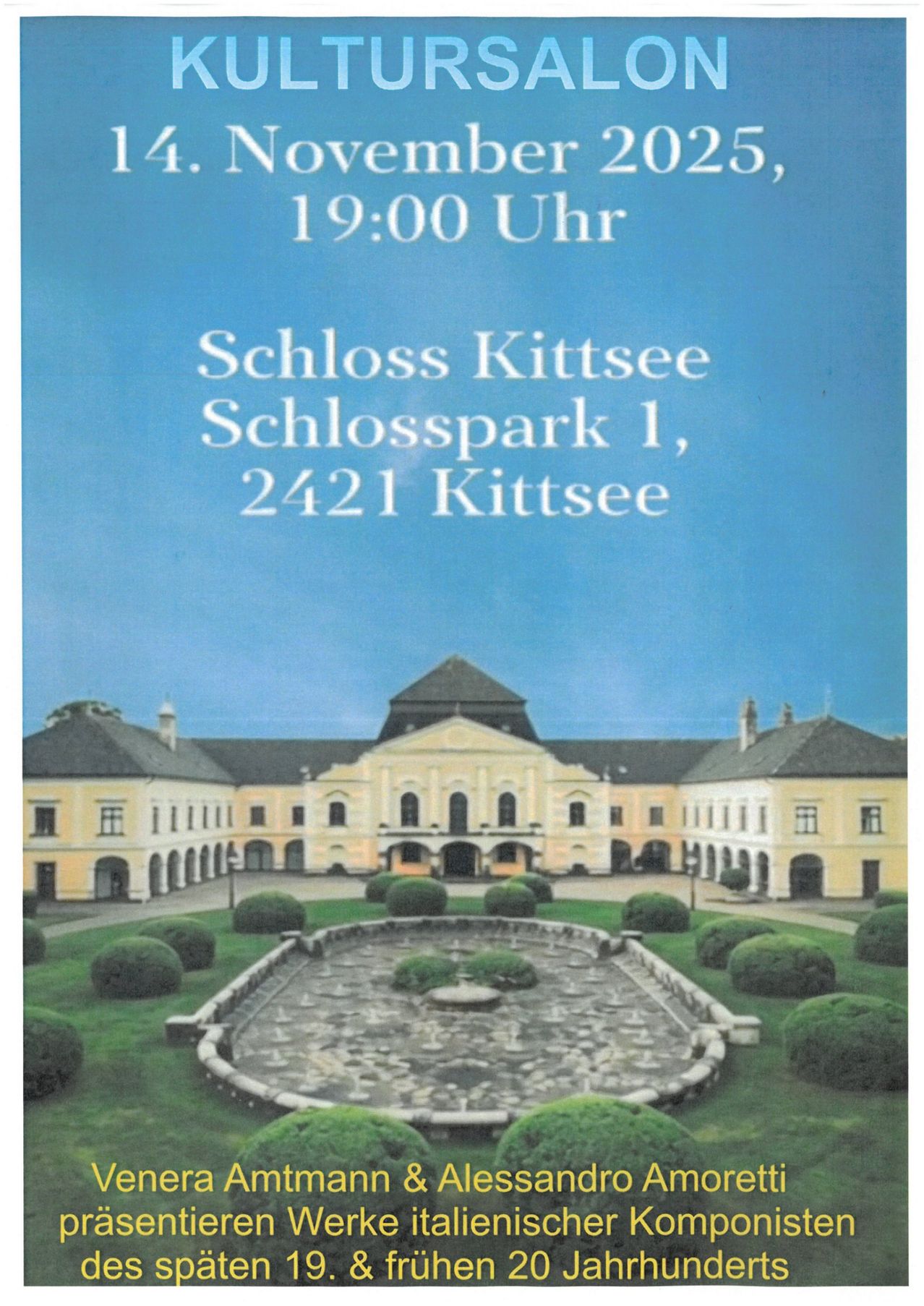 Das Bild zeigt das Schloss Kittsee, ein historisches Gebäude mit einem Innenhof, gelegen in Schlosspark 1, 2421 Kittsee. Die angegebene Zeit ist 19:00 Uhr.