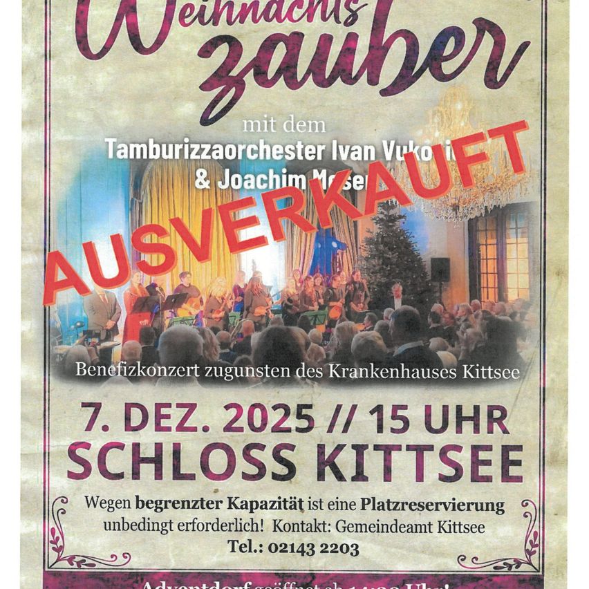 Weihnachtsveranstaltung mit dem Tamburizza Orchester Ivan Vukotić und Joachim Mrusek. 7. Dezember 2025 um 15 Uhr im Schloss Kittsee. Wegen begrenzter Kapazität ist eine Platzreservierung unbedingt erforderlich. Kontakt: Gemeindeamt Kittsee. Tel.: 02143 2203.