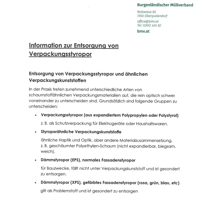 Das Dokument mit dem Titel 'Information zur Entsorgung von Verpackungsstyropor' liefert Details zur Entsorgung von Styropor und ähnlichen Verpackungsmaterialien. Es behandelt verschiedene Arten von Styropor, einschließlich expandiertem Polypropylen, styroporähnliche Materialien und normales Schaumstyropor. Es betont die Notwendigkeit einer ordnungsgemäßen Entsorgung und Trennung dieser Materialien von anderen Abfällen.