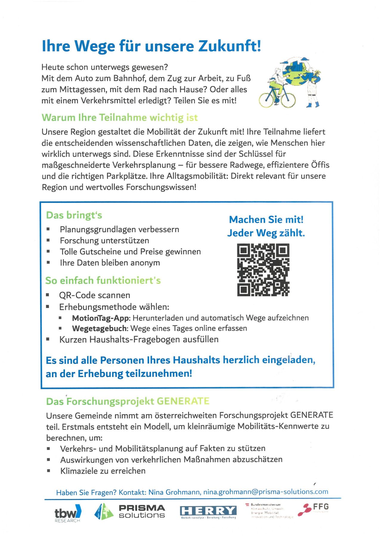 Das Bild betont die Bedeutung der Teilnahme an einem Forschungsprojekt zur Verbesserung der Mobilitätsdaten. Es zeigt Vorteile wie bessere Planung, Forschungsunterstützung und das Gewinnen von Gutscheinen. Das Projekt ist einfach: QR-Code scannen, Methode wählen und Reisetagebuch ausfüllen. Alle Haushaltsmitglieder sind eingeladen teilzunehmen.