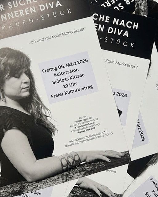 Ein Veranstaltungsplakat mit einer Frau, der Text 'Freitag 06. März 2026 Kultursalon Schloss Kittsee 19 Uhr Freier Kulturbeitrag'. Das Poster ist in Schwarz-Weiss.