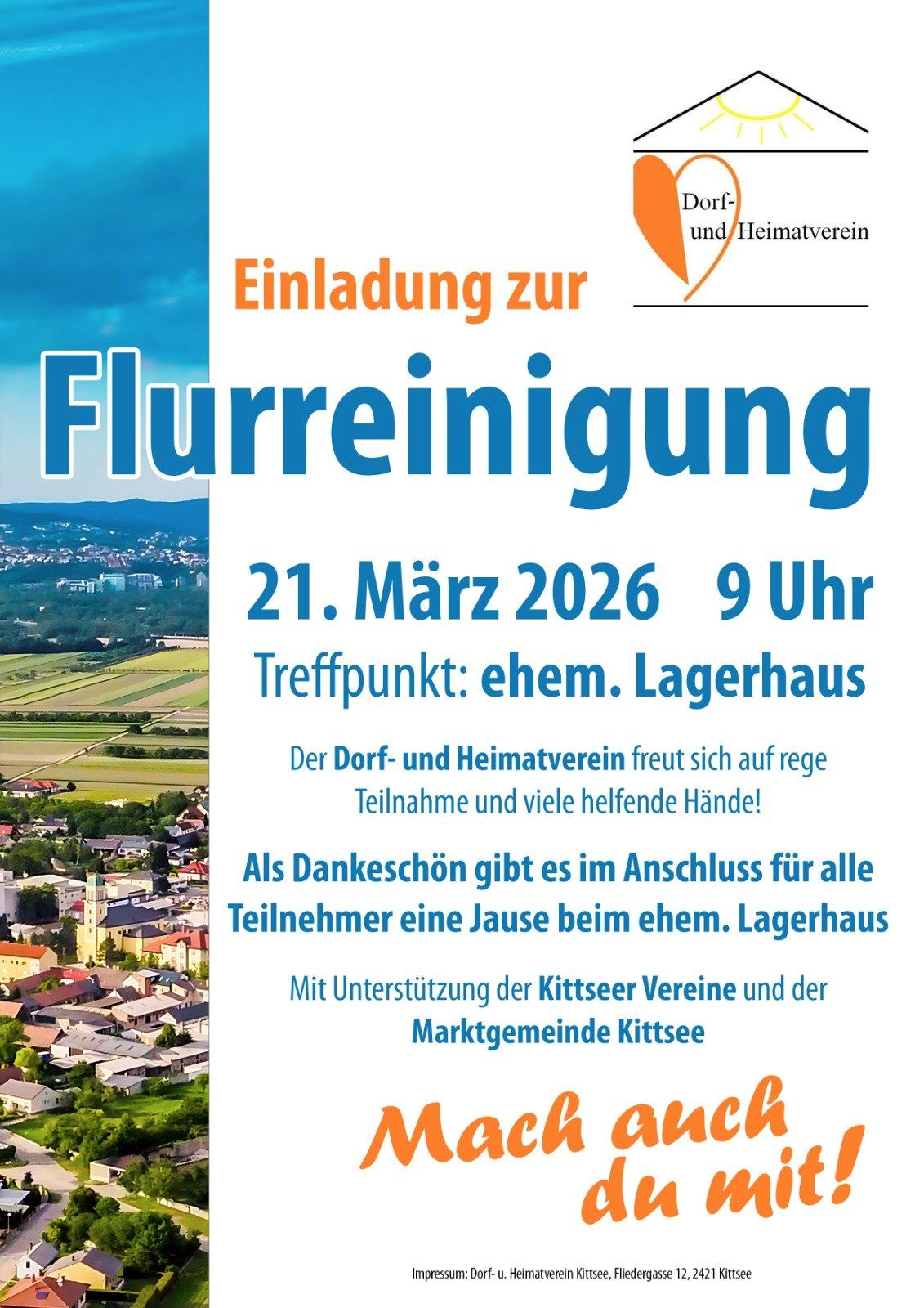 Einladungsplakat für eine Gemeinschaftsveranstaltung, die zur Teilnahme an einer Flurreinigung am 21. März 2026 um 9 Uhr einlädt. Treffpunkt ist beim ehemaligen Lagerhaus. Die Veranstaltung beinhaltet einen Dankessnack für alle Teilnehmer. Unterstützt von lokalen Vereinen und der Marktgemeinde Kittsee.