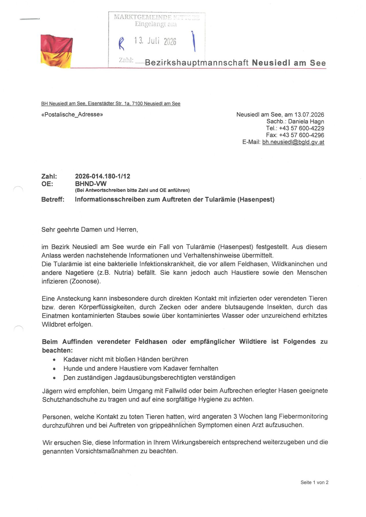 Ein Brief von BH Neusiedl am See vom 13.07.2026, adressiert an Sach+ Daniela Hagn, informiert über einen Fall von Tularämie (Hasenpest) im Bezirk Neusiedl am See. Er enthält Informationen und Verhaltensrichtlinien zur Krankheit und ihrer Übertragung.