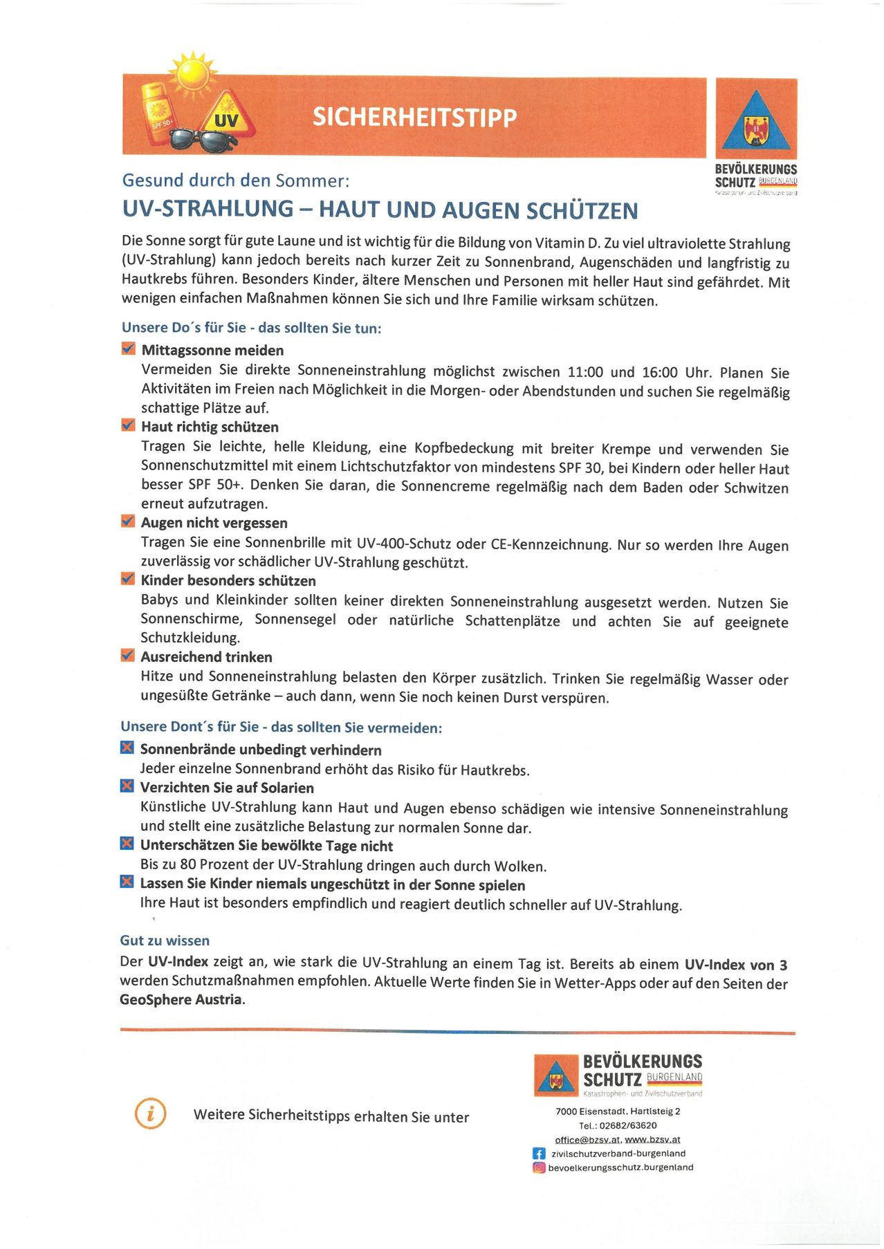 Ein Infografik über UV-Schutz für Haut und Augen, mit Tipps wie Vermeidung der Mittagssonne, Tragen von Schutzkleidung und Verwendung von Sonnencreme mit hohem LSF. Es warnt auch vor Sonnenbrand, übermäßigem Alkoholkonsum und künstlicher UV-Exposition.