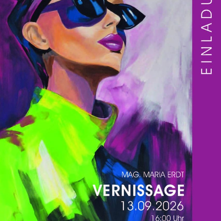 Eine lebhafte Malerei einer Frau mit Sonnenbrille, grünem Oberteil und lila Hintergrund mit Text über eine Veranstaltung am 13. September 2026.