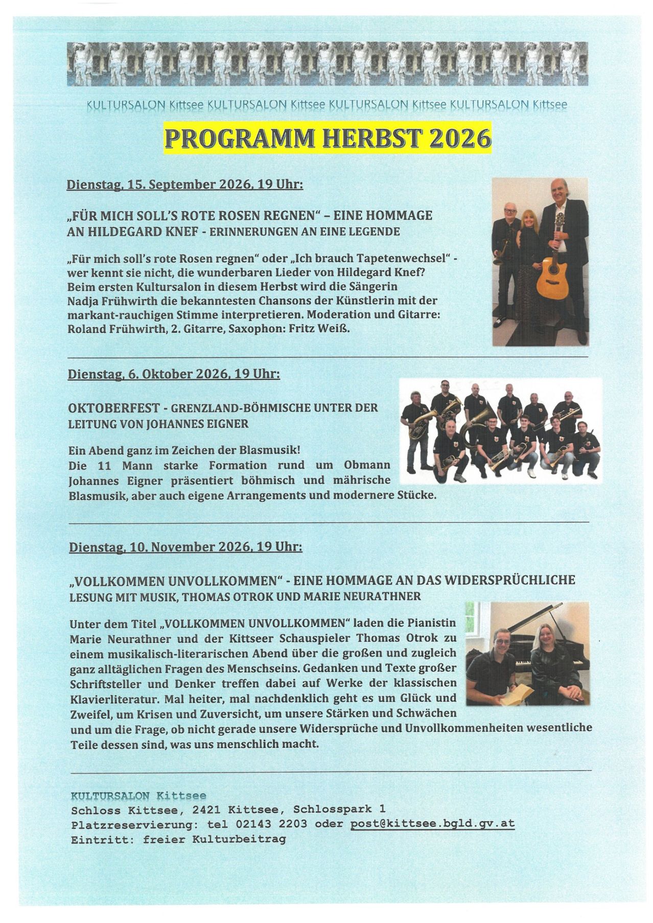 Ein Plakat bewirbt drei musikalische Veranstaltungen im Herbst 2026 mit Künstlern, die auf der Bühne mit Instrumenten auftreten. Die erste Veranstaltung ist am 15. September, die zweite am 6. Oktober und die dritte am 10. November. Jede Veranstaltung hat eine kurze Beschreibung und die Namen der beteiligten Künstler.