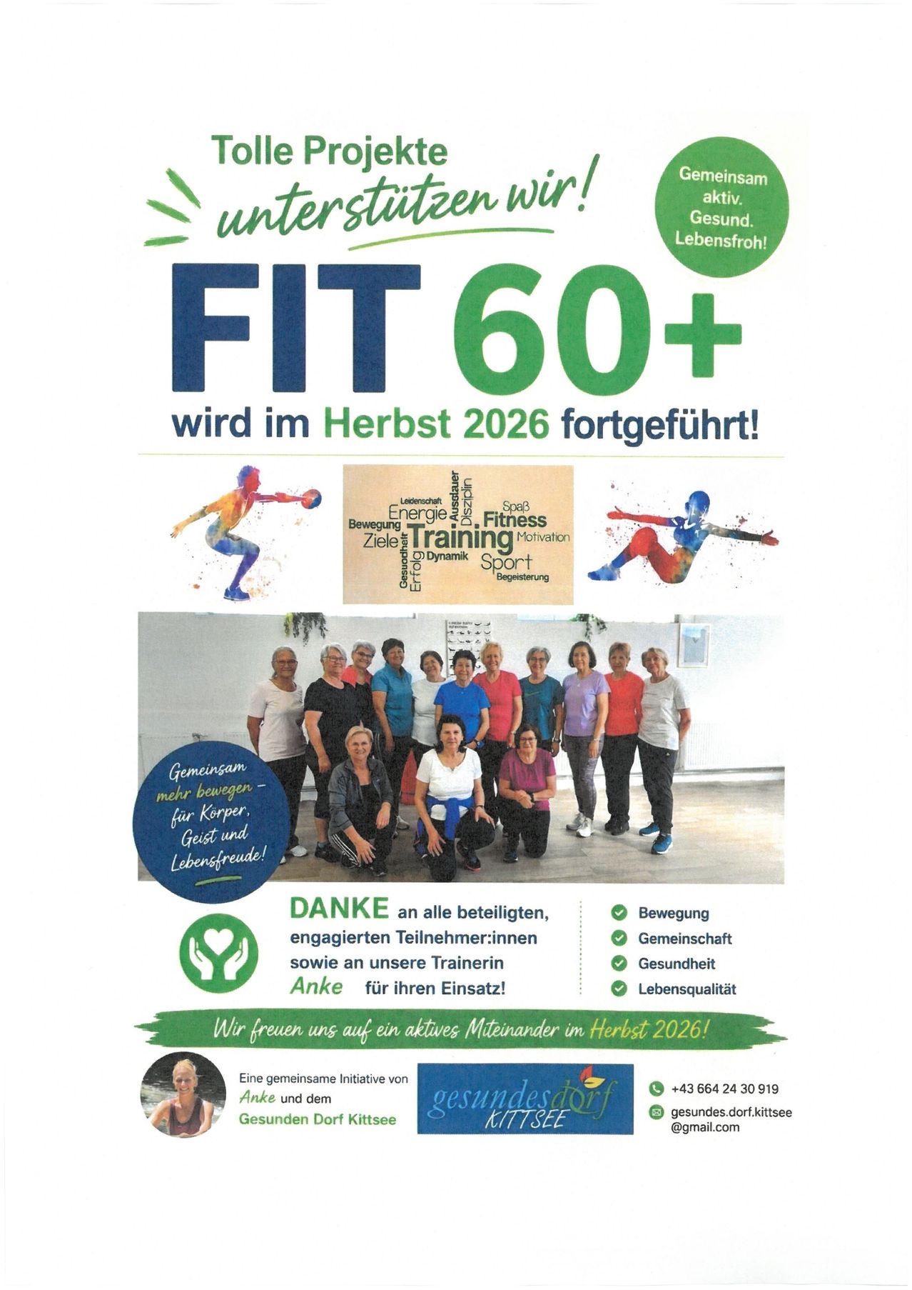 Plakat für das FIT 60+ Fitnessprogramm, das eine Gruppe von Frauen in Trainingskleidung zeigt, mit einer Nachricht über die Fortsetzung des Programms im Herbst 2026.