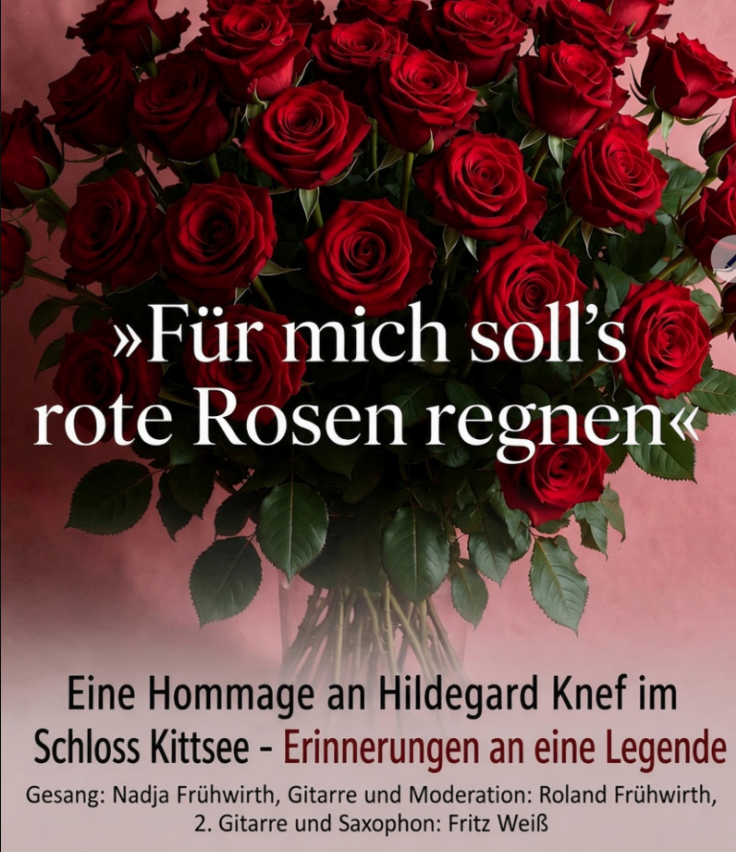 Ein Strauß roter Rosen mit einem deutschen Textüberlagerung, der 'Für mich sollen rote Rosen regnen' lautet. Die Rosen sind leuchtend und gut arrangiert, vor einem rosa Hintergrund. Das Bild enthält auch einen Titel und Credits für ein Lied und seine Interpreten.