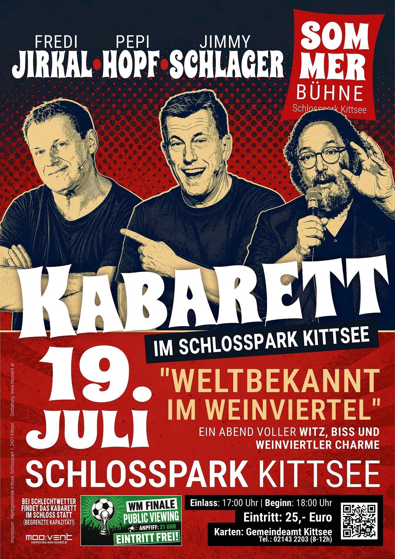 Plakat für eine Kabarett-Veranstaltung am 19. Juli im Schlosspark Kitsee mit drei Männern. Es verspricht einen witzigen Abend voller Charme.