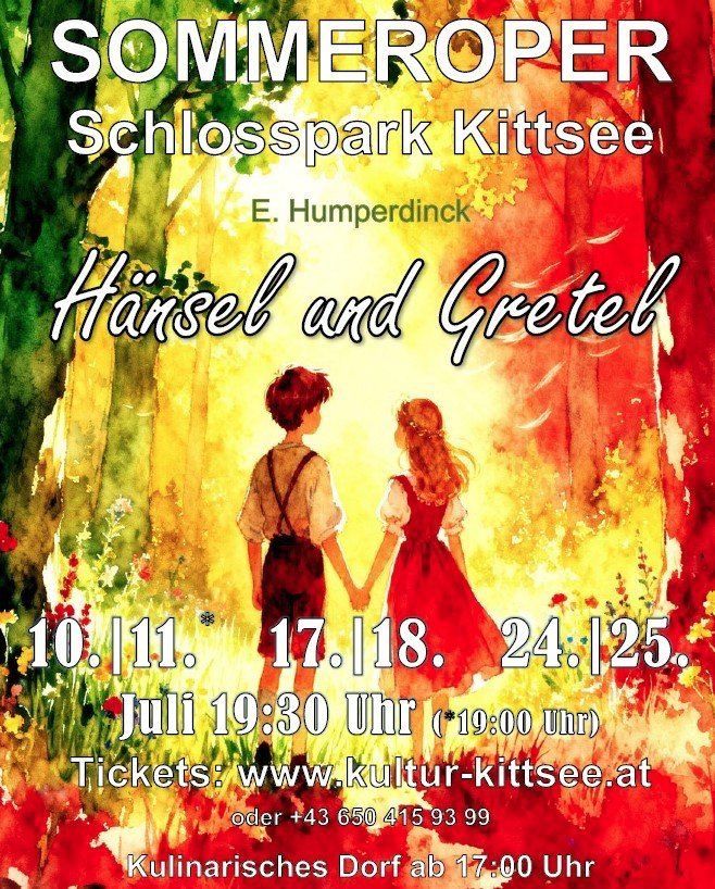 Plakat für Hänsel und Gretel im Schlosspark Kitsee. Die Termine und Zeiten der Aufführungen sind aufgeführt. Es gibt einen Link für Tickets.