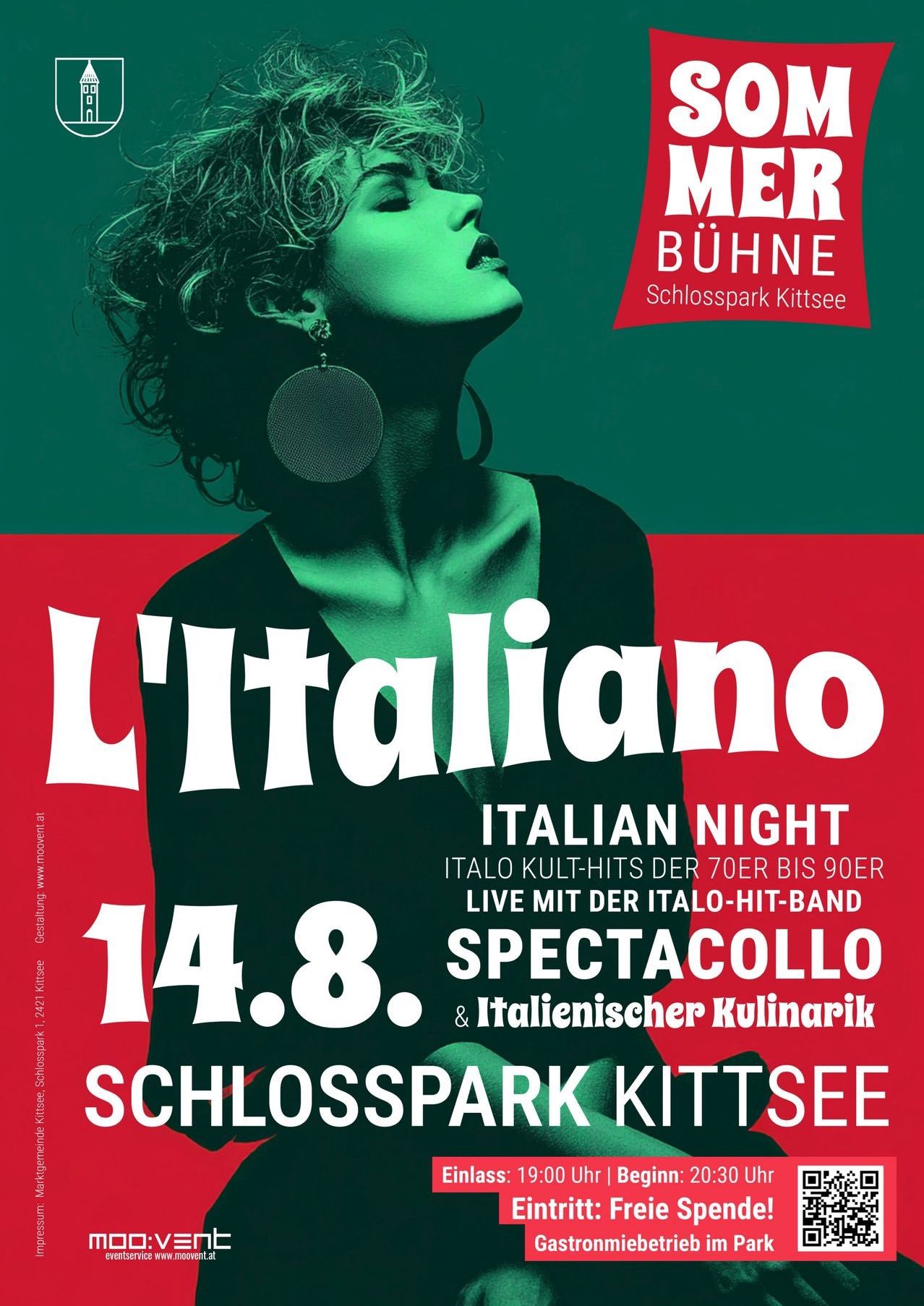 Plakat für eine italienische Nacht in Schlosspark Kitzsee. Zeigt eine Frau mit grünem Gesicht und die Band Spectacollo.
