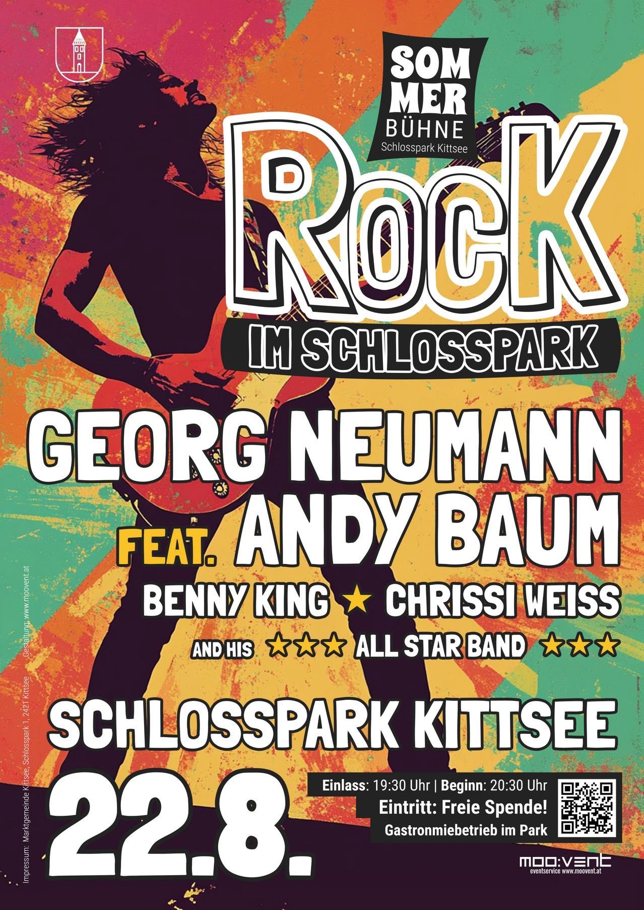 Ein Konzertplakat für Rock im Schlosspark mit Georg Neumann, Andy Baum, Benny King, Chrissi Weiss und der All Star Band im Schlosspark Kitsee.