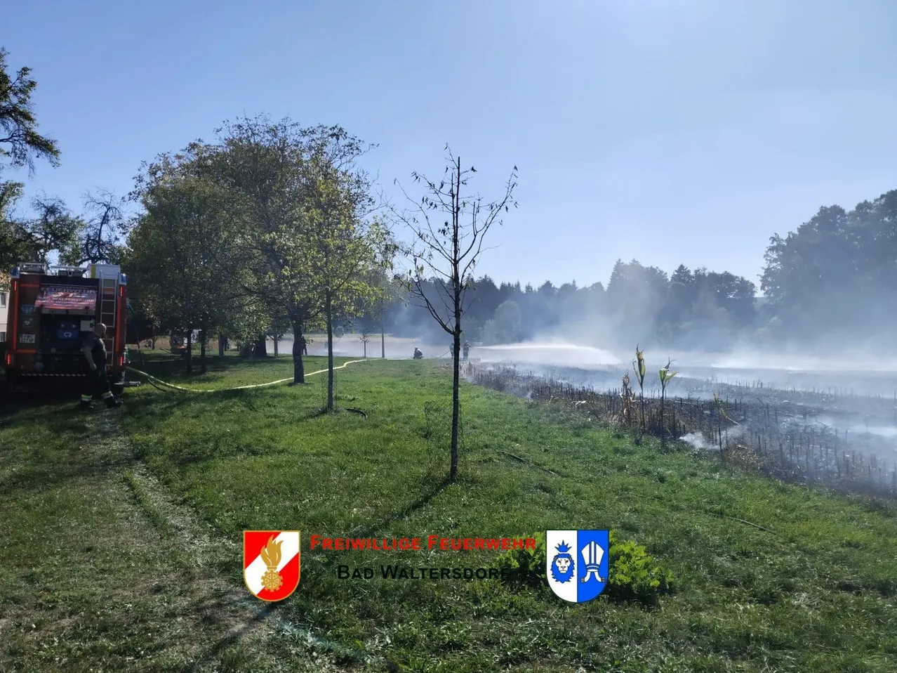 Ein Feuerwehrauto ist am Rande eines Grasfeldes geparkt. Ein Feuerwehrmann steht in der Nähe des Autos, und ein Schlauch wird verwendet, um Wasser auf ein Feuer zu spritzen.