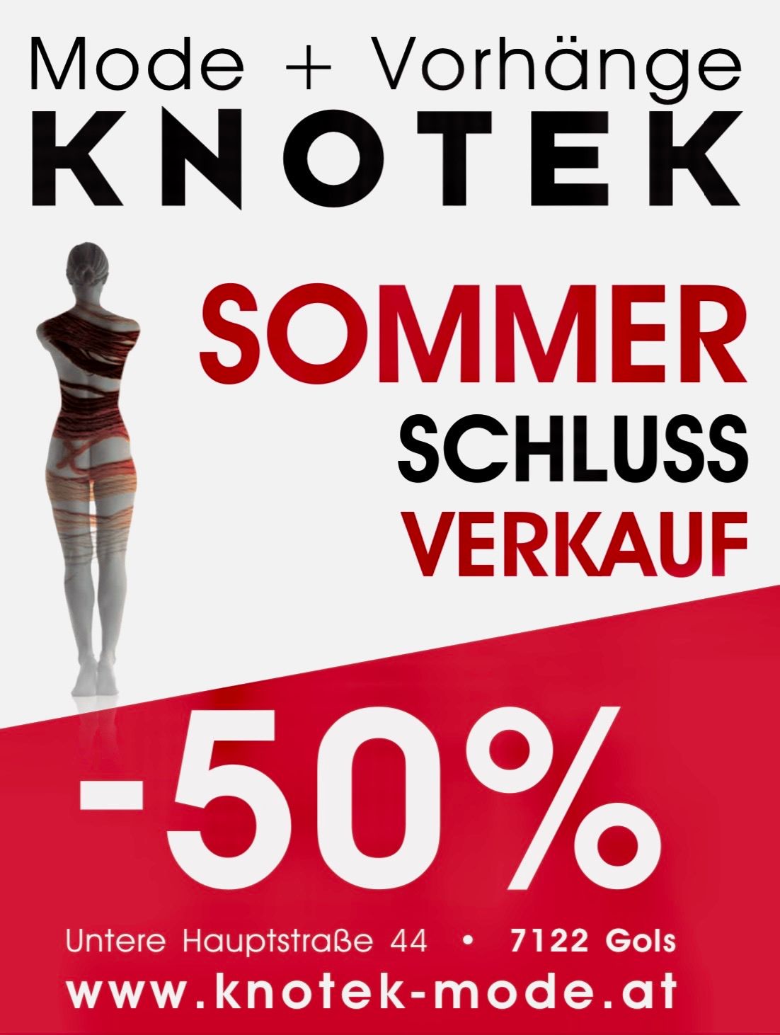 Werbung für KnoTek Sommerschlussverkauf. Zeigt eine Puppe in einem roten und weißen Kleid mit einem Rabatt von 50% in auffälliger Anzeige.