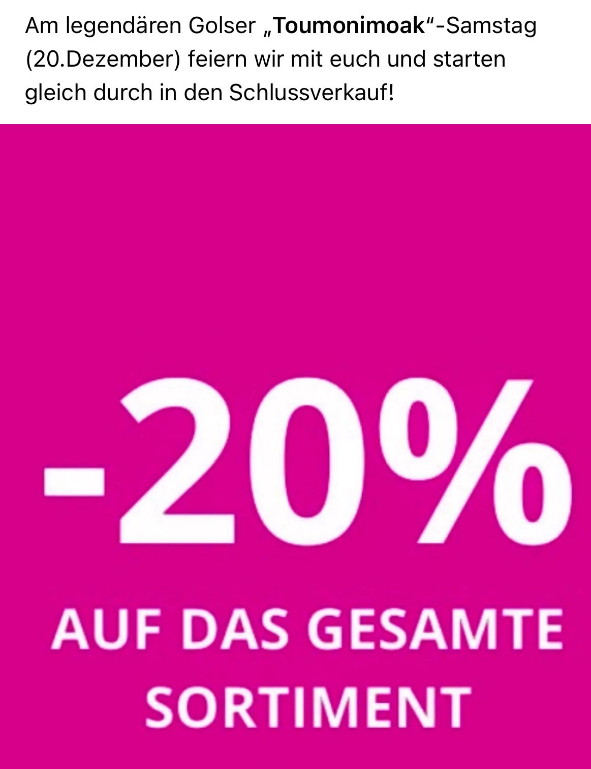 Ein rosafarbener Banner zeigt ein Rabattangebot von 20% auf das Gesamte während des Schlussverkaufs an.