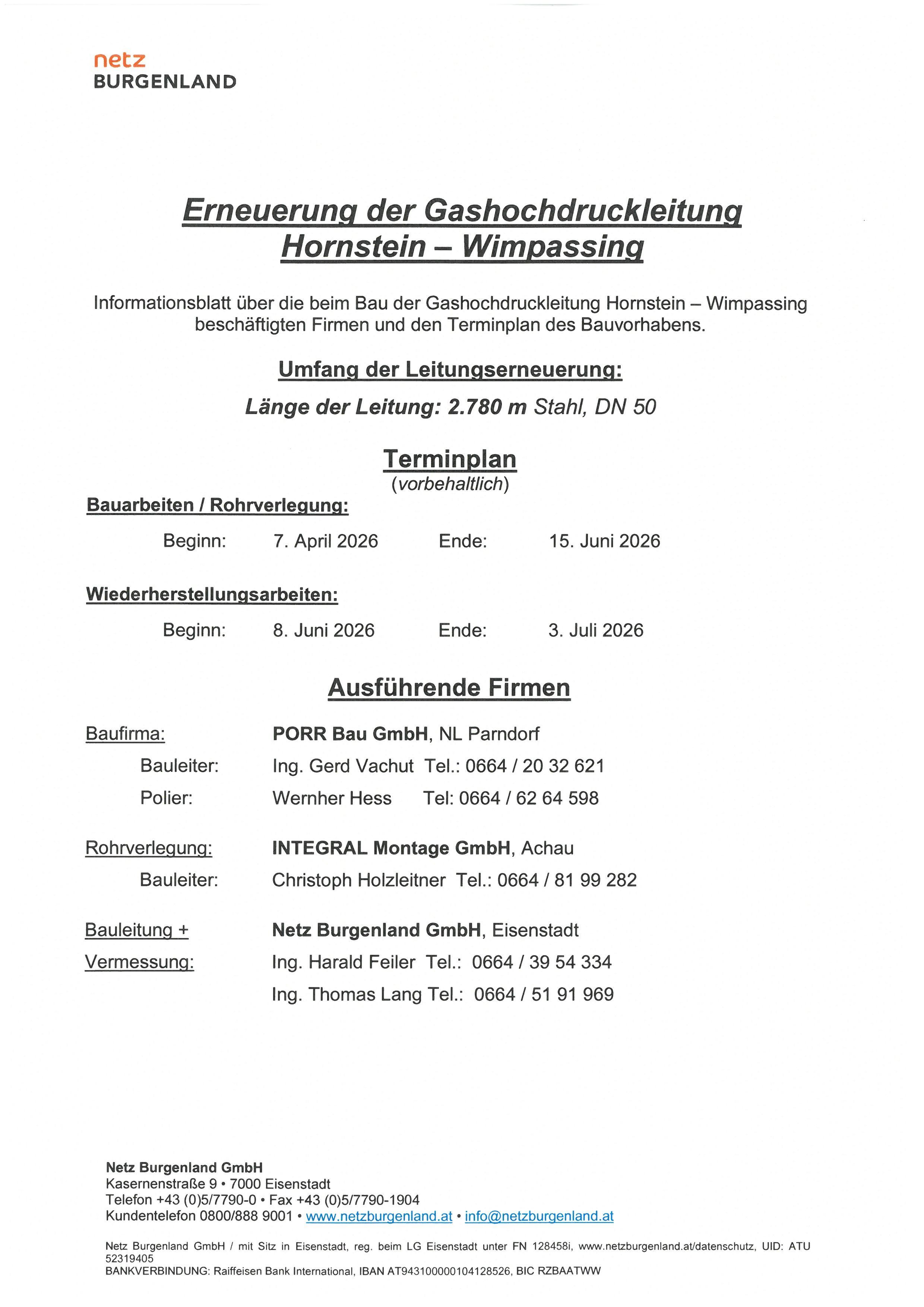 Dokument zeigt Informationen zur Erneuerung der Gashochdruckleitung in Hornstein - Wimpassing. Bauarbeiten beginnen am 7. April 2026 und enden am 15. Juni 2026. Wiederherstellungsarbeiten beginnen am 8. Juni 2026 und enden am 3. Juli 2026. PORR Bau GmbH und INTEGRAL Montage GmbH sind beteiligt.